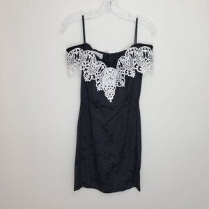 Jessica McClintock Gunne Sax lace trimmed off-the-shoulder brocade mini dress